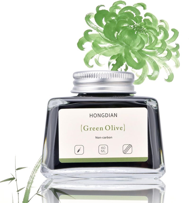 Asvine Hongdian Fountain Pen Bottled Ink Green Oliver Color, 60ml Non Carbon Inkwell Bottle, Artist Calligraphy Ink - Image 1